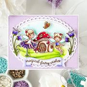 Sunny Studio Magical Fairy Wishes Fairies, Flowers & Mushroom House Scalloped Oval Card using Fairy Garden Clear Craft Stamps