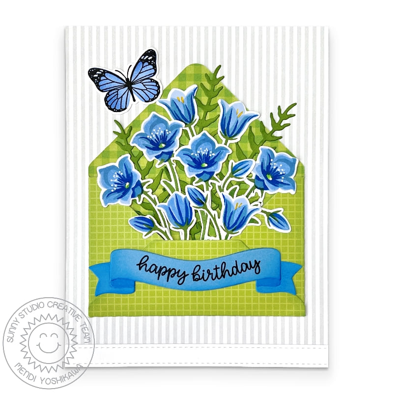 Sunny Studio Blue Floral Flower Bouquet in Green Envelope Spring Birthday Card using Beautiful Bluebells Clear Layering Stamp