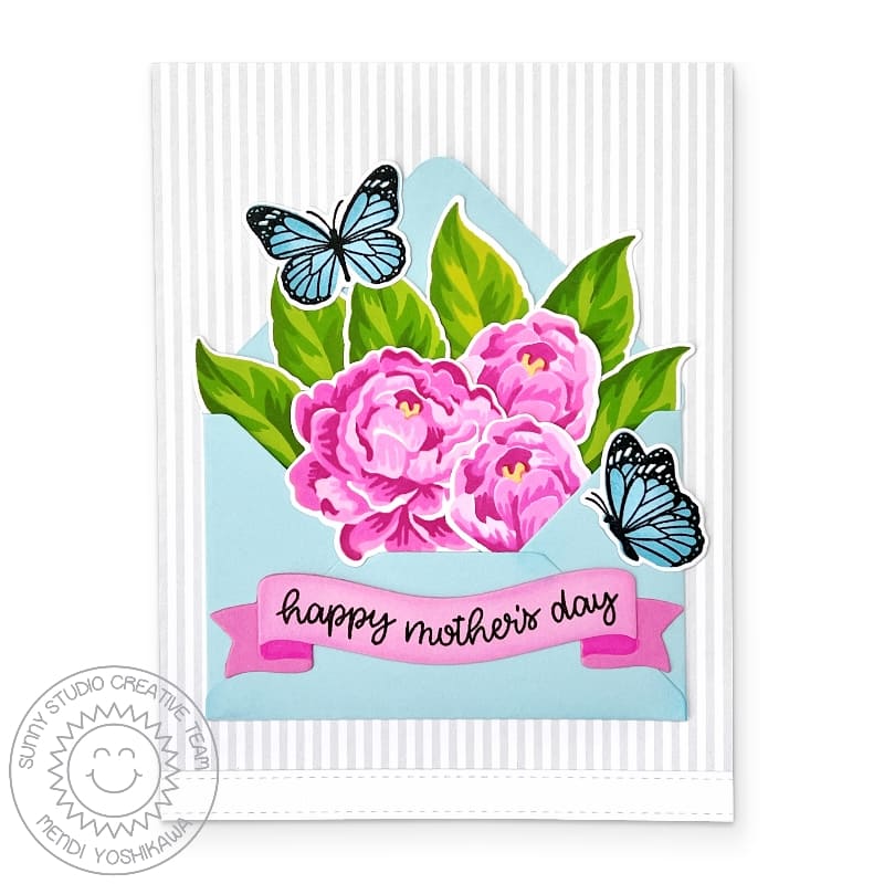 Sunny Studio Floral Flower Bouquet in Envelope Spring Mother's Day Card using Captivating Camellias Clear Layering Stamps