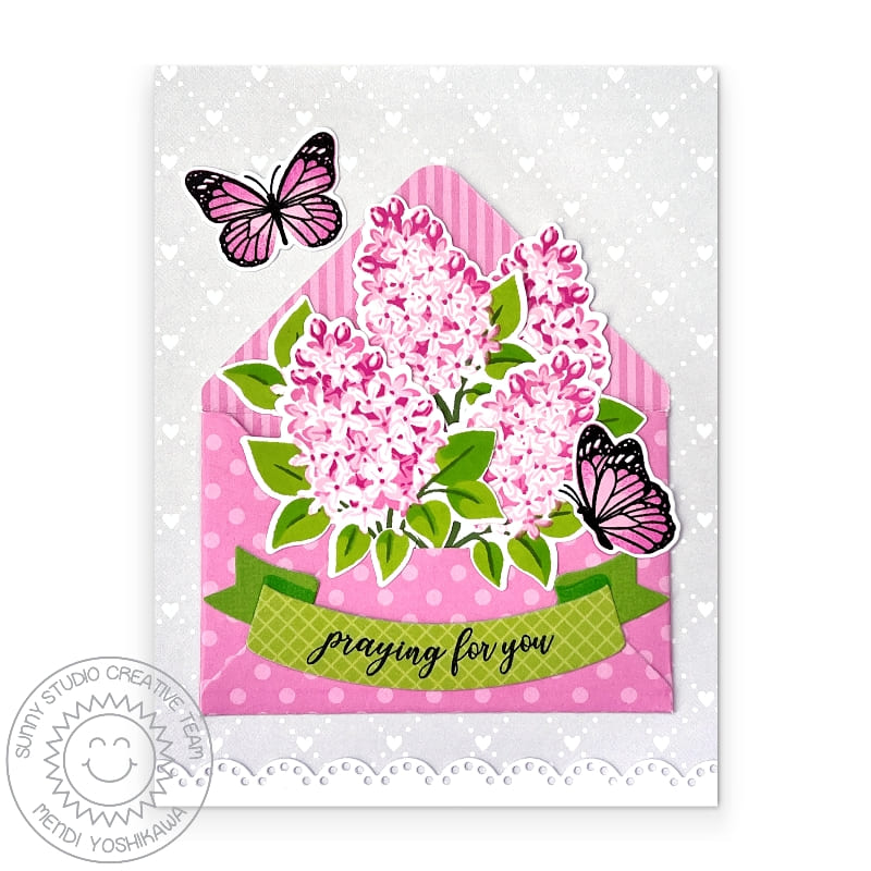 Sunny Studio Floral Flower Bouquet in Envelope Praying For You Spring Card using Lovely Lilacs Clear Layering Craft Stamps