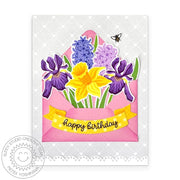 Sunny Studio Daffodils, Iris & Hyacinths Floral Flowers in Envelope Birthday Card using Spring Bouquet Clear Layering Stamps