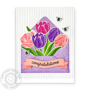 Sunny Studio Spring Floral Flower Bouquet in Envelope Congratulations Card using Tranquil Tulips Clear Layering Craft Stamps