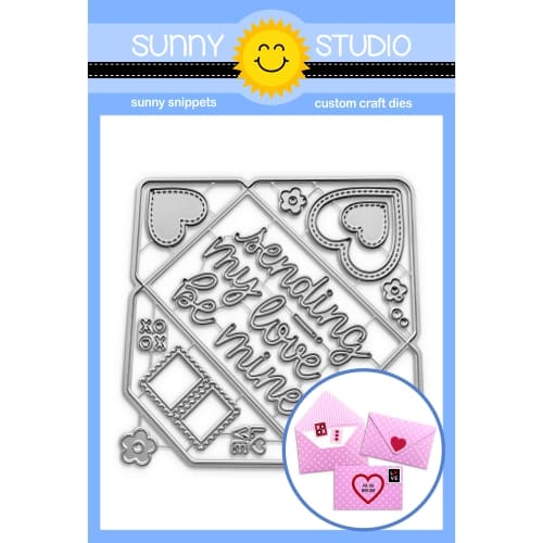 Sunny Studio Stamps Gift Card Envelope Metal Cutting Dies with Stitched Hearts, Postage Stamps & Valentine's Day Script Words 