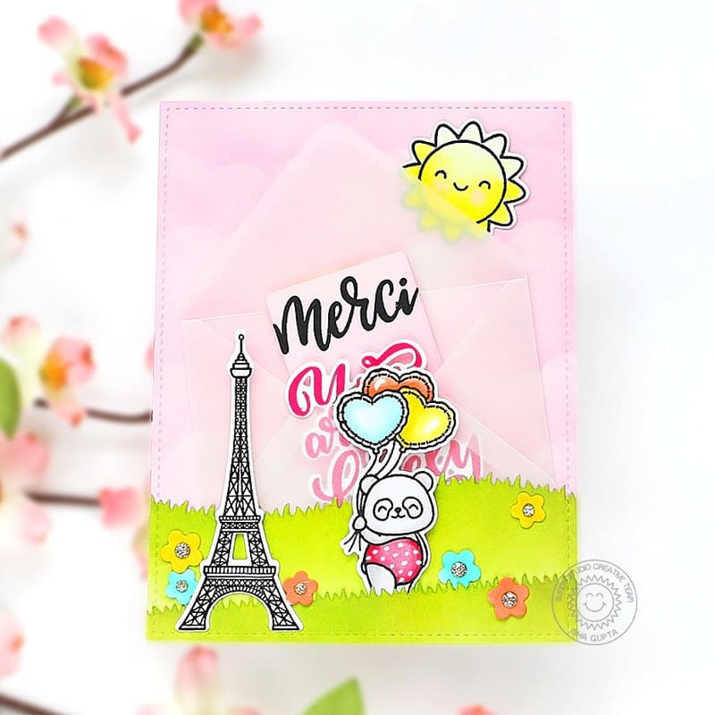 Sunny Studio Panda & Eiffel Tower Thank You Card with Vellum Envelope Pocket using Bighearted Bears 4x6 Clear Stamps