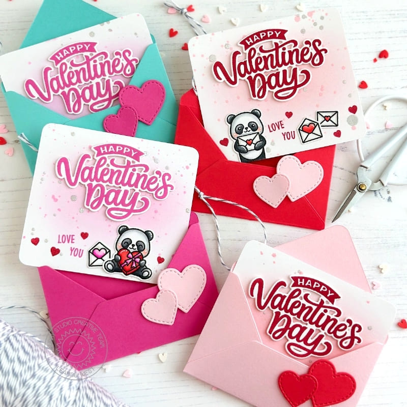 Sunny Studio Panda Bears Heart Mini Valentine's Day Cards & Envelopes Set using My Heart 3x4 Clear Sentiment Craft Stamps