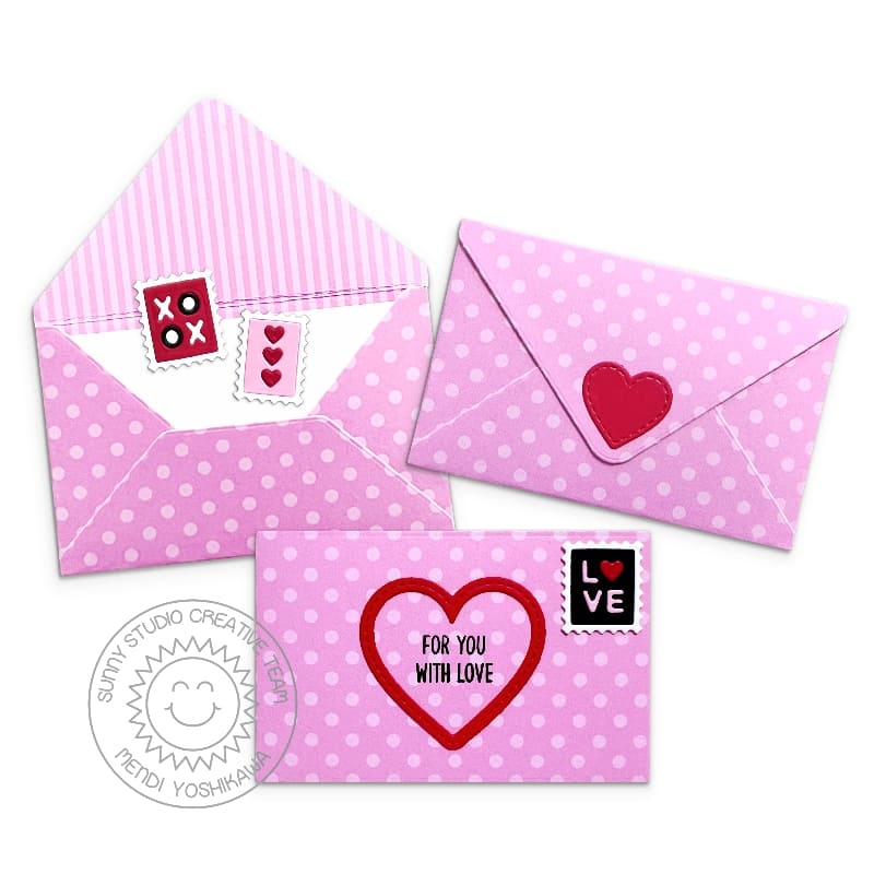 Sunny Studio Stamps Handmade Pink Polka-dot & Red Heart Valentine's Day Love Gift Card Envelopes using Metal Cutting Dies
