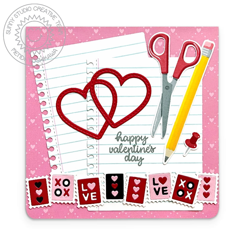 Sunny Studio Notebook Paper, Pencil & Postage Stamps Heart Valentine's Day Card using A Cut Above 4x6 Layering Clear Stamps