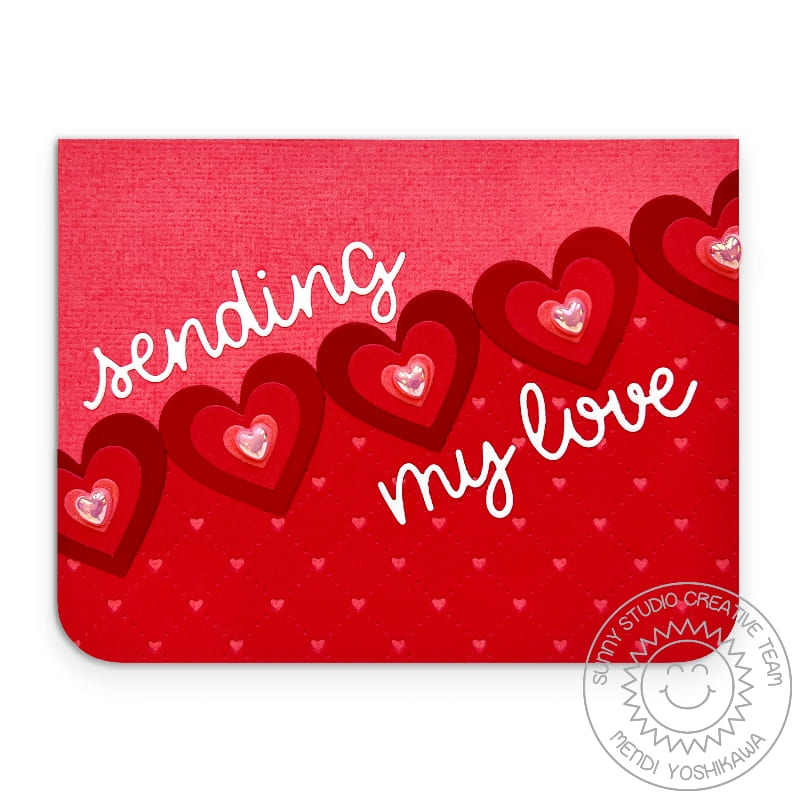 Sunny Studio Stamps Valentine's Day Sending My Love Red Diagonal Quilted Hearts Card using Heart Shaped Pearls