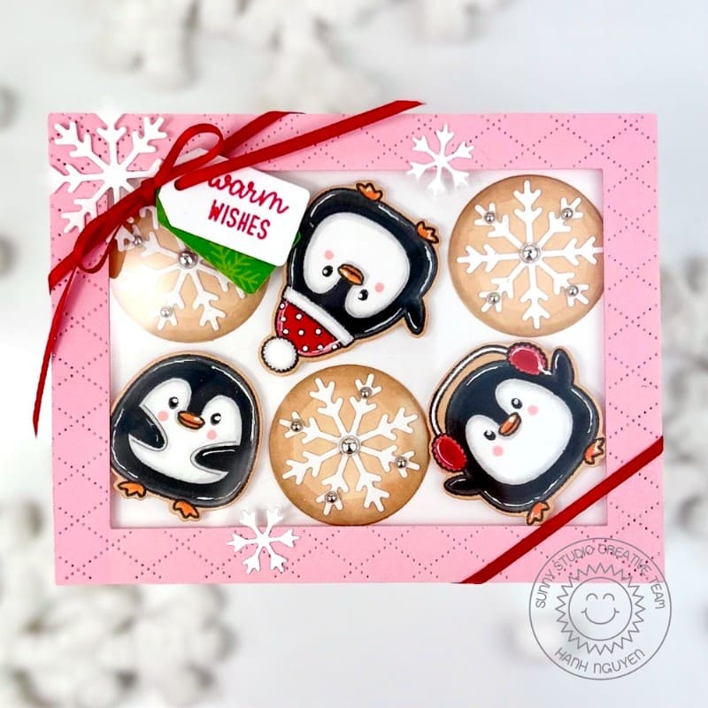 Sunny Studio Warm Wishes Penguin & Snowflake Cookie Box Holiday Christmas Card using Roly Poly Penguins Clear Craft Stamps