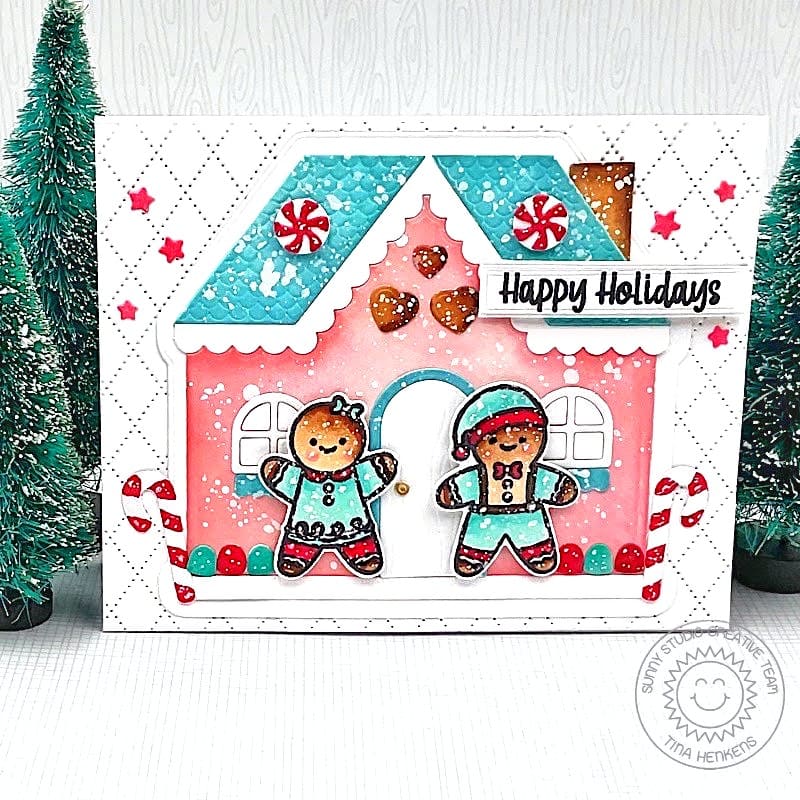 Sunny Studio Stamp Pink & Aqua Gingerbread Girl, Boy & House Holiday Christmas Card using Dotted Diamond Landscape Metal Die