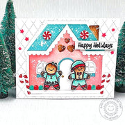 Sunny Studio Stamps Pink & Aqua Gingerbread Girl & Boy Holiday Christmas Card using Gingerbread House Metal Cutting Dies