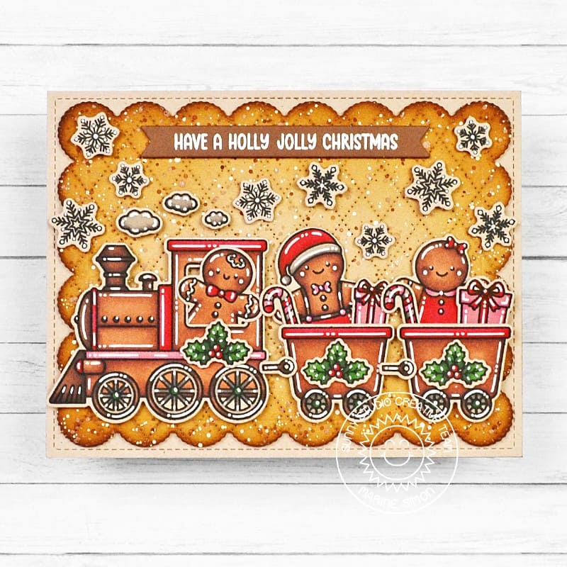 Sunny Studio Stamps Gingerbread Man Holiday Train Handmade Christmas Card using Dotted Diamond Landscape Background Craft Die