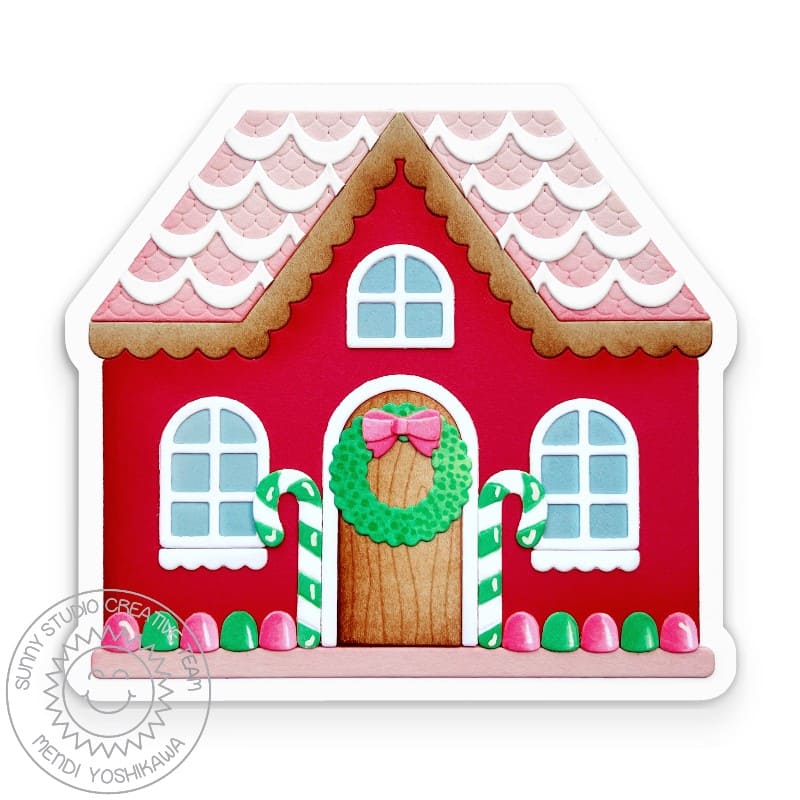 Sunny Studio Stamps gingerbread house shaped handmade Christmas Card with candy cane entrance