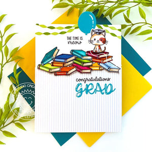 Sunny Studio Kitty Cat Sitting on Book Pile Congratulations Graduate Graduation Card using Crepe Paper Streamers Cutting Die