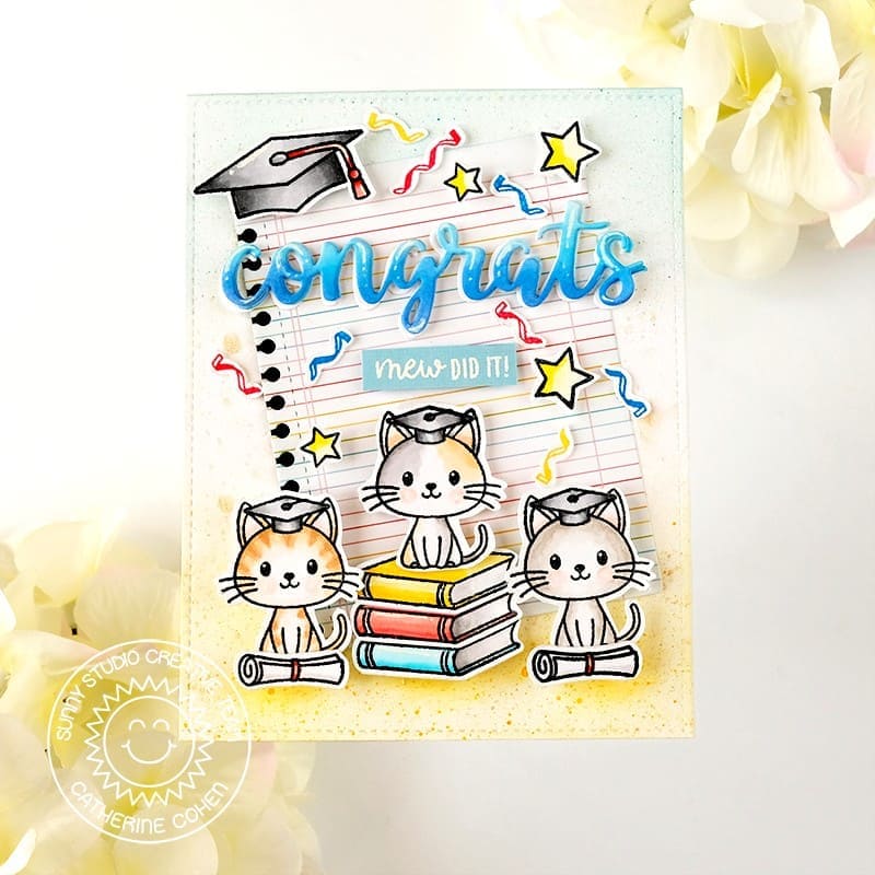 Sunny Studio Cats with Diplomas, Books & Notebook Paper Congrats Graduate Graduation Card (using Grad Cat Clear Stamps)