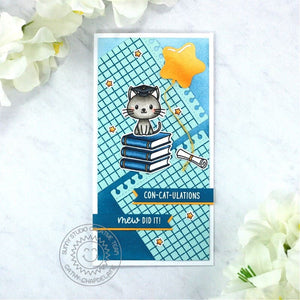 Sunny Studio Grad Cat & Books Punny Blue & Gold Graduation Mini Slimline Card using Notebook Photo Corners Metal Cutting Die