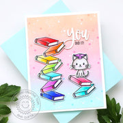 Sunny Studio You Did It! Pastel Rainbow Kitty Cat with a Stack of Books Graduation Card (using Grad Cat 2x3 Clear Stamps)
