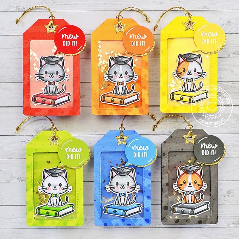 Sunny Studio Mew Did It! Colorful Punny Graduation Puns Cat Shaker Gift Tags (using Grad Cat Clear Stamps)