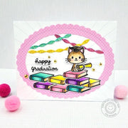 Sunny Studio Kitty Cat With Pile of Books Pink Scalloped Oval Girls Graduation Card (using Grad Cat Clear Stamps)