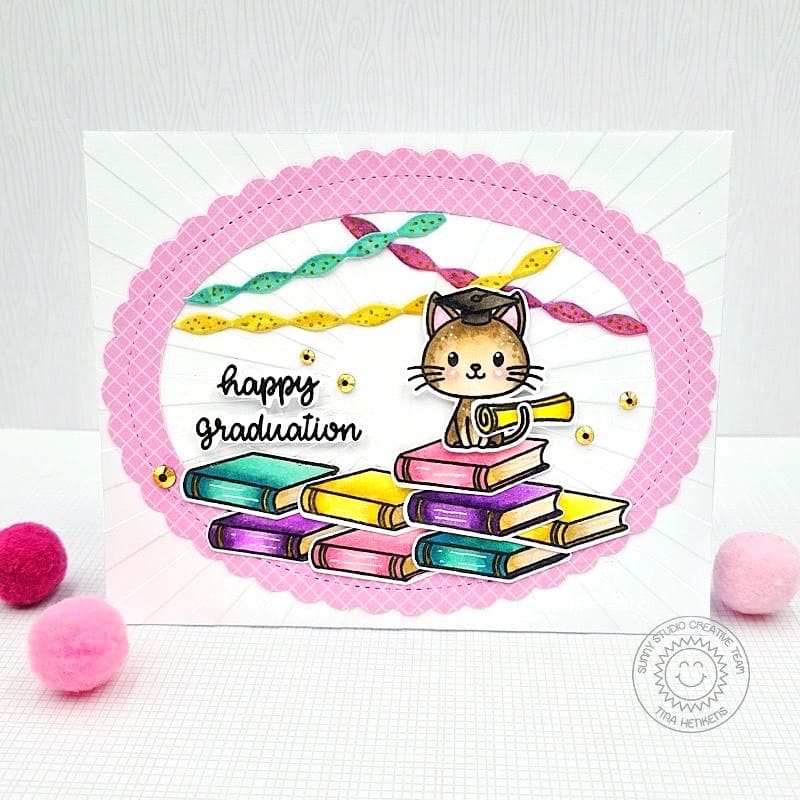 Sunny Studio Kitty Cat on Book Pile Pink Scalloped Oval Girls Graduation Card using Crepe Paper Streamers Metal Cutting Dies