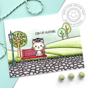 Sunny Studio Graduate Cat Sitting on Park Bench Graduation Congratulations Card using using Spring Scenes Clear Craft Stamps