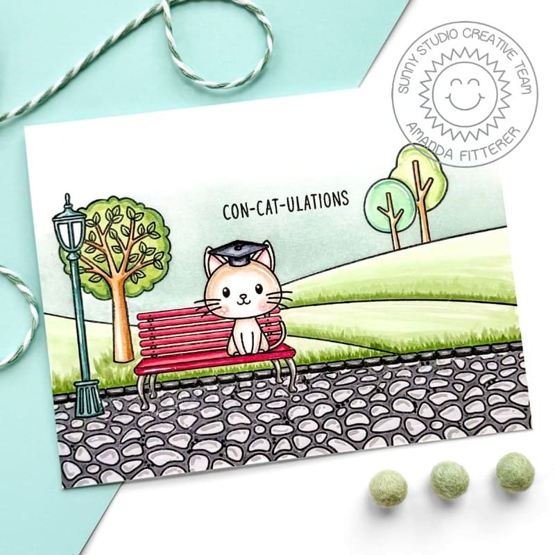 Sunny Studio Graduate Cat Sitting on Park Bench Graduation Congratulations Card using using Spring Scenes Clear Craft Stamps