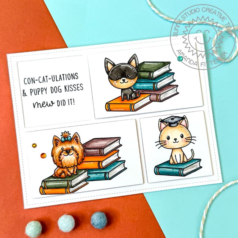 Sunny Studio Dogs & Cat with Graduate Cap & Stacks of Books School Graduation Card using Grad Cat 2x3 Clear Craft Stamps