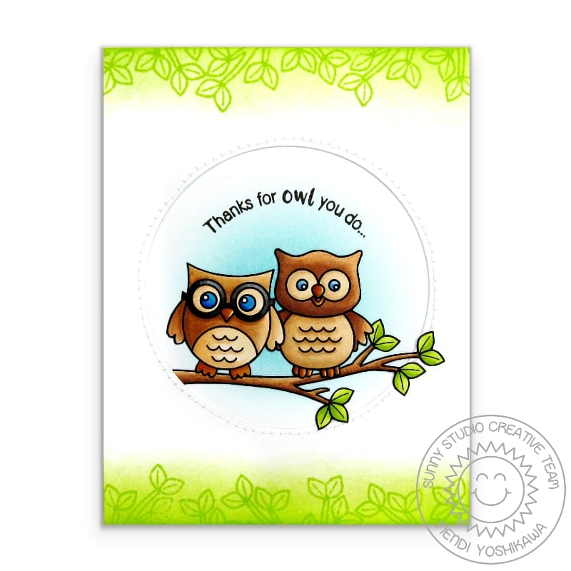 Sunny Studio Thanks For Owl You Do Two Owls on Tree Branch Punny Thank You Card using Happy Owl-o-ween & Woo Hoo Clear Stamps