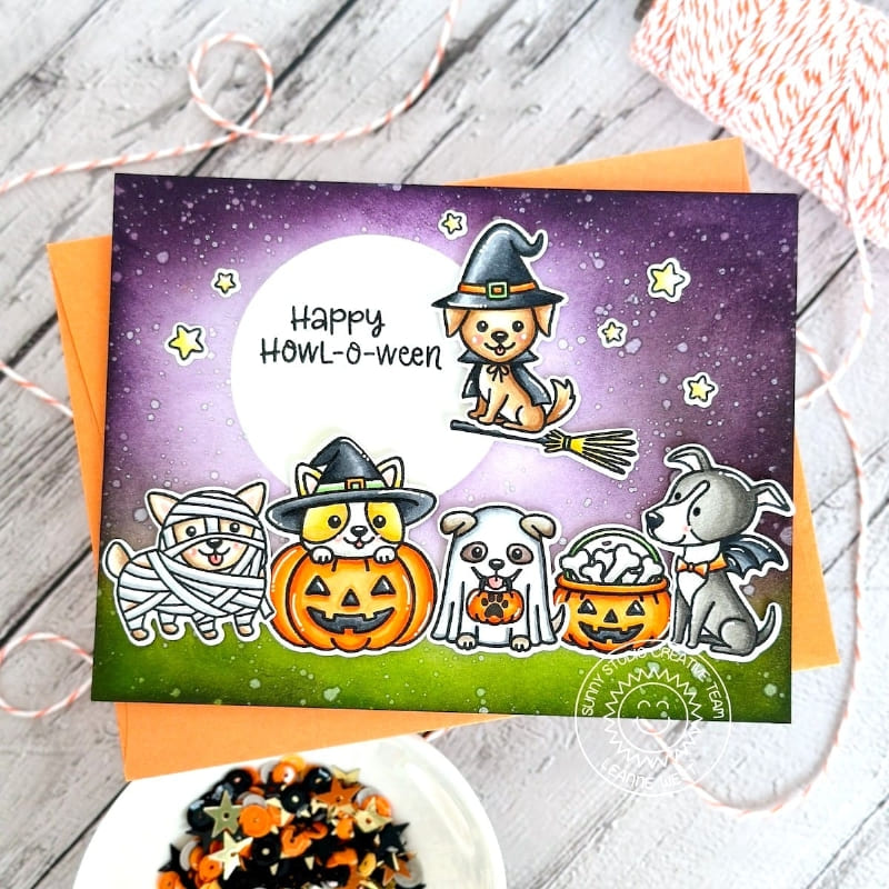 Sunny Studio Dogs in Costumes with Large Moon & Pumpkins Punny Halloween Card using Happy Howl-o-ween Clear Craft Stamps