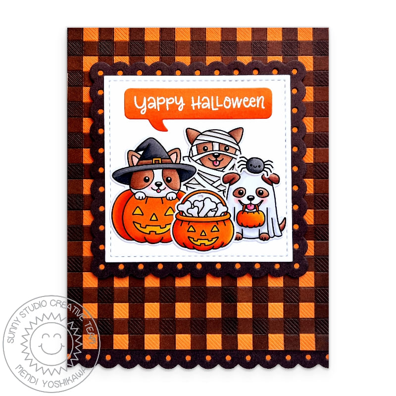 Sunny Studio Dogs in Halloween Costumes Orange Gingham Buffalo Plaid Fall Card using Happy Howl-o-ween Clear Craft Stamps