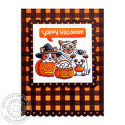 Sunny Studio Stamps Yappy Halloween Punny Dogs in Costumes Orange Gingham Card using Diagonal & Straight Stripes Stencils Set