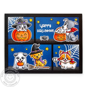 Sunny Studio Dogs in Costumes Yappy Halloween Punny Fall Comic Strip Style Card using Happy Howl-o-ween Clear Craft Stamps