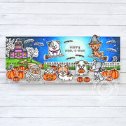 Sunny Studio Dogs in Costumes with Haunted House & Bats Slimline Halloween Card using Happy Howl-o-ween Clear Craft Stamps