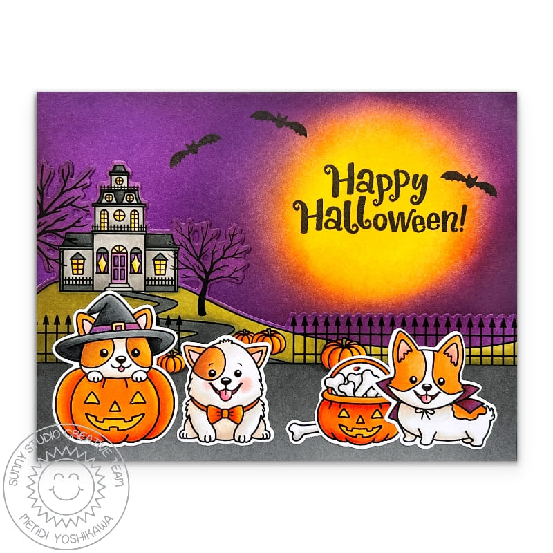 Sunny Studio Dogs in Costumes Trick or Treating at Haunted House Halloween Card using Happy Howl-o-ween Clear Craft Stamps