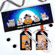 Sunny Studio Dogs in Costumes with Large Moon Halloween Slimline Card & Shaker Tags using Happy Howl-o-ween Clear Craft Stamp