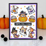 Sunny Studio Dogs in Halloween Costumes Handmade DIY Card with Scattered Background using Happy Howl-o-ween Clear Craft Stamp
