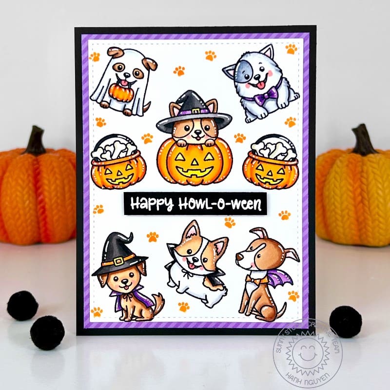 Sunny Studio Dogs in Halloween Costumes Handmade DIY Card with Scattered Background using Happy Howl-o-ween Clear Craft Stamp