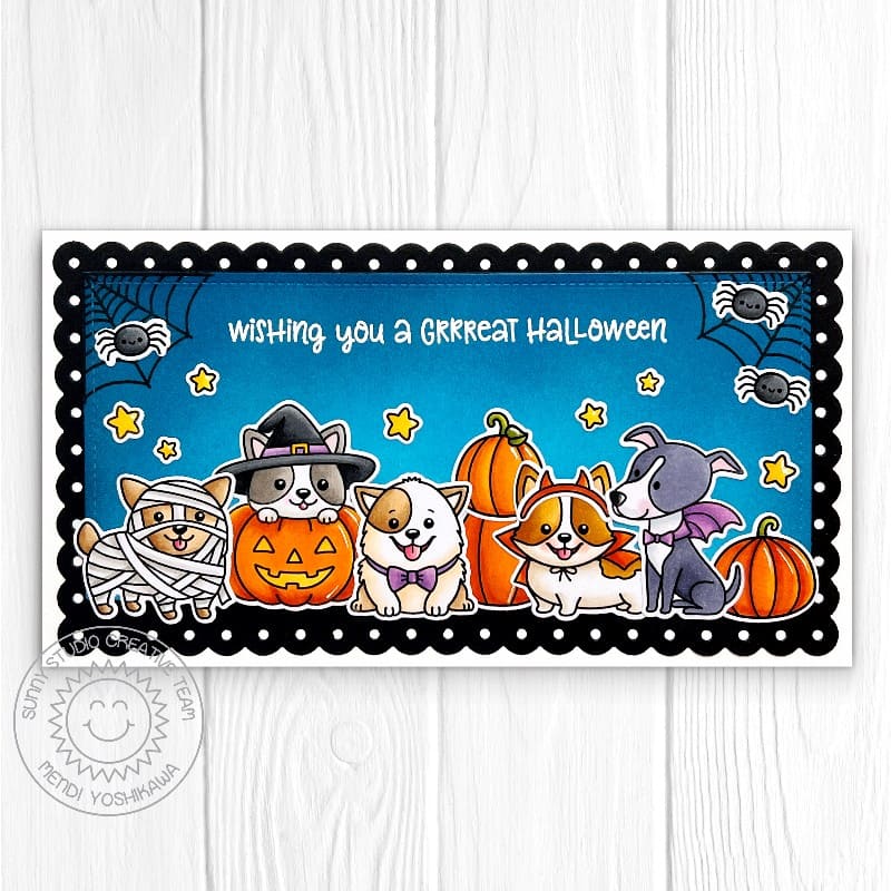 Sunny Studio Dogs in Halloween Costumes Mini Scalloped Slimline Handmade DIY Card using Happy Howl-o-ween Clear Craft Stamps