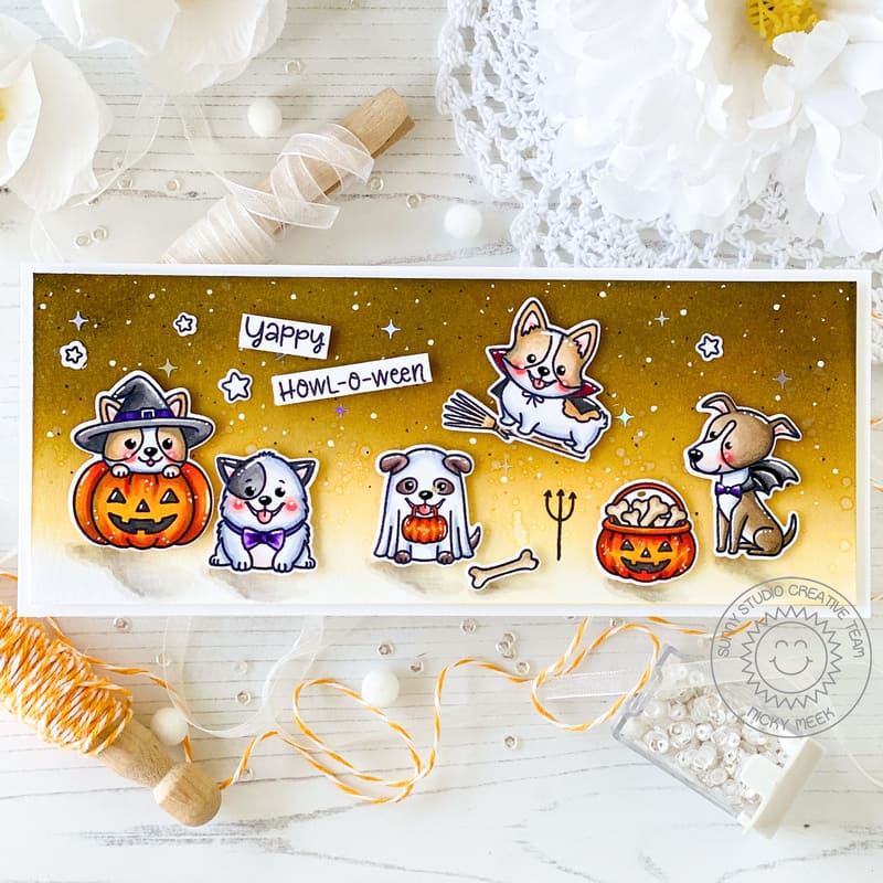 Sunny Studio Clean & Simple Dogs in Costumes Yappy Halloween Punny Slimline Card using Happy Howl-o-ween Clear Craft Stamps