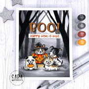 Sunny Studio Dogs in Halloween Costumes with Spooky Trees in Moonlight Card using Happy Howl-o-ween Clear Craft Stamps