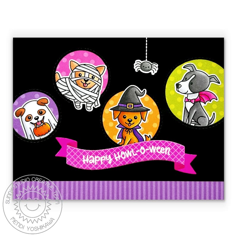 Sunny Studio Stamps Dogs with Colorful Circle Windows Punny Halloween Card using Brilliant Banner 3 Metal Cutting Craft Dies