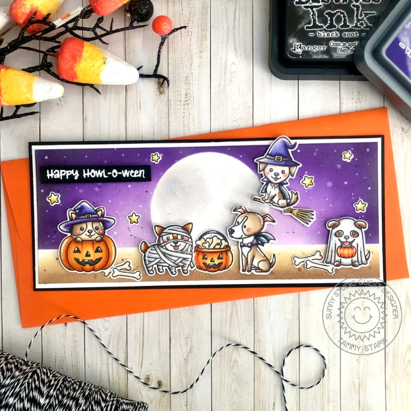 Sunny Studio Stamps Happy Howl-o-ween Dogs in Halloween Costumes with Full Moon Slimline Halloween Card by Tammy Stark