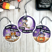 Sunny Studio Stamps Happy Howl-o-ween Dogs in Halloween Costumes Purple Scalloped Circle Gift Tags by Tammy Stark