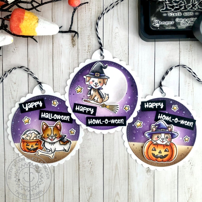 Sunny Studio Stamps Happy Howl-o-ween Dogs in Halloween Costumes Purple Scalloped Circle Gift Tags by Tammy Stark