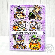 Sunny Studio Purple Spider Web & Dogs in Costumes Yappy Halloween Punny Card using Happy Howl-o-ween Clear Craft Stamps