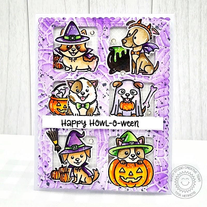 Sunny Studio Purple Spider Web & Dogs in Costumes Yappy Halloween Punny Card using Happy Howl-o-ween Clear Craft Stamps