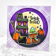 Sunny Studio Dog in Witch Costume with Cauldron & Haunted House DIY Halloween Card using Happy Howl-o-ween Clear Craft Stamps