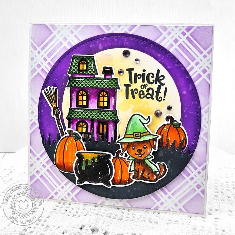Sunny Studio Dog in Witch Costume with Cauldron & Haunted House DIY Halloween Card using Happy Howl-o-ween Clear Craft Stamps