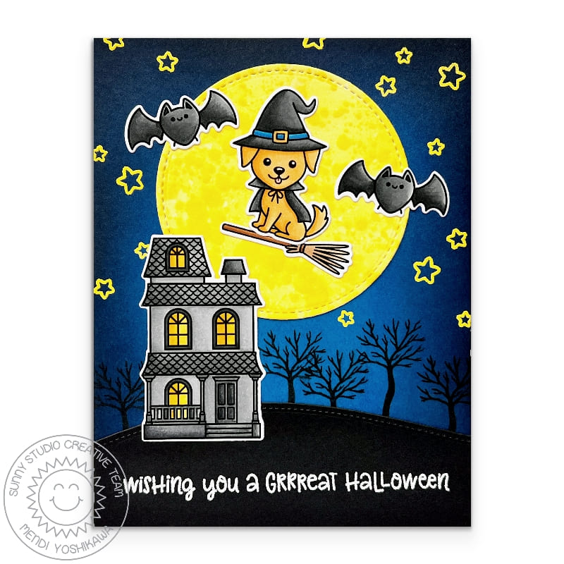 Sunny Studio Dog Witch on Broomstick with Full Moon & Haunted House Halloween Card using Happy Howl-o-ween Clear Craft Stamps