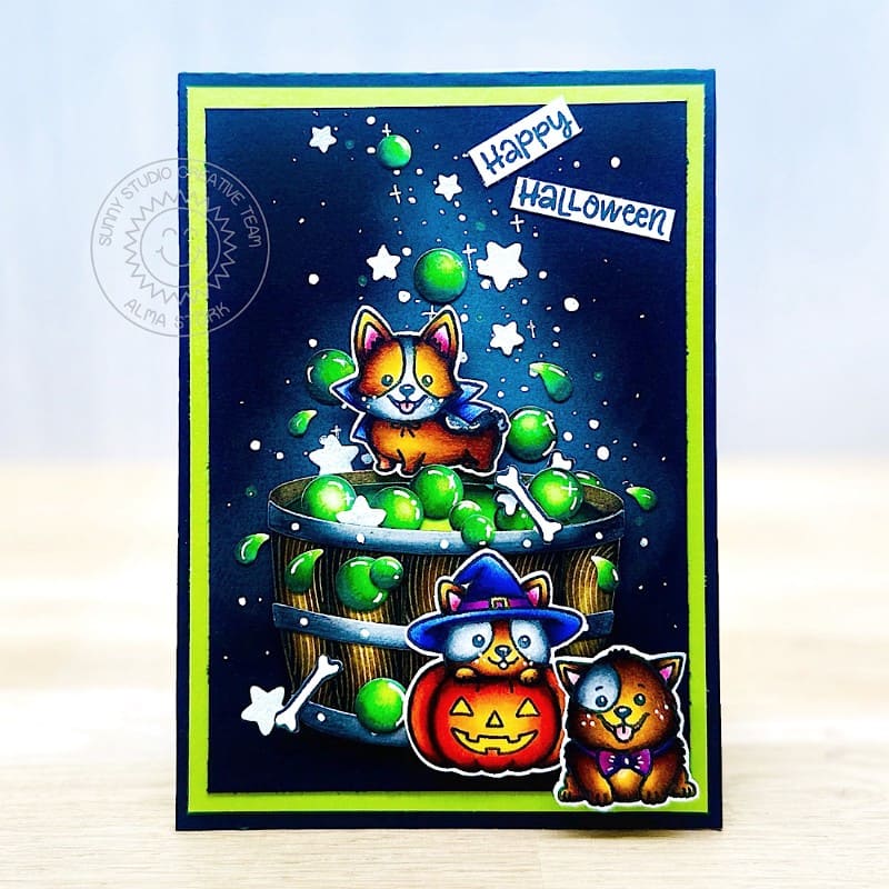 Sunny Studio Dogs in Costumes with Caldron Halloween Card using Happy Howl-o-ween 4x6 Clear Craft Stamps